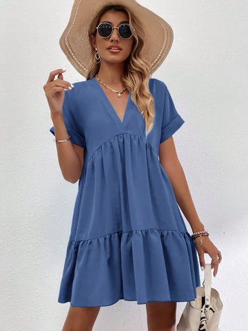Women's Solid Color V-Neck Batwing Sleeve Loose Casual Swing Dress, Summer