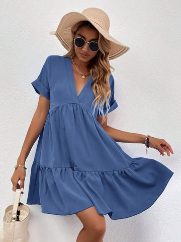 Women's Solid Color V-Neck Batwing Sleeve Loose Casual Swing Dress, Summer