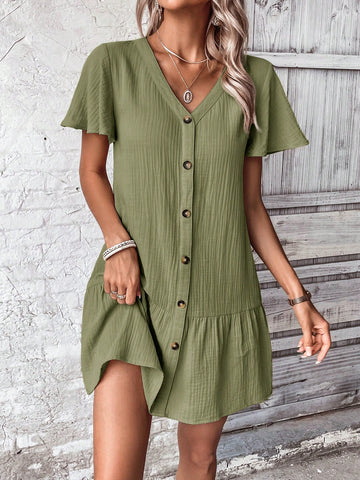 Women's Solid Color V-Neck Button Up Dress
