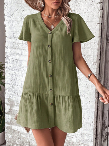 Women's Solid Color V-Neck Button Up Dress