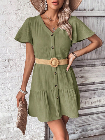 Women's Solid Color V-Neck Button Up Dress