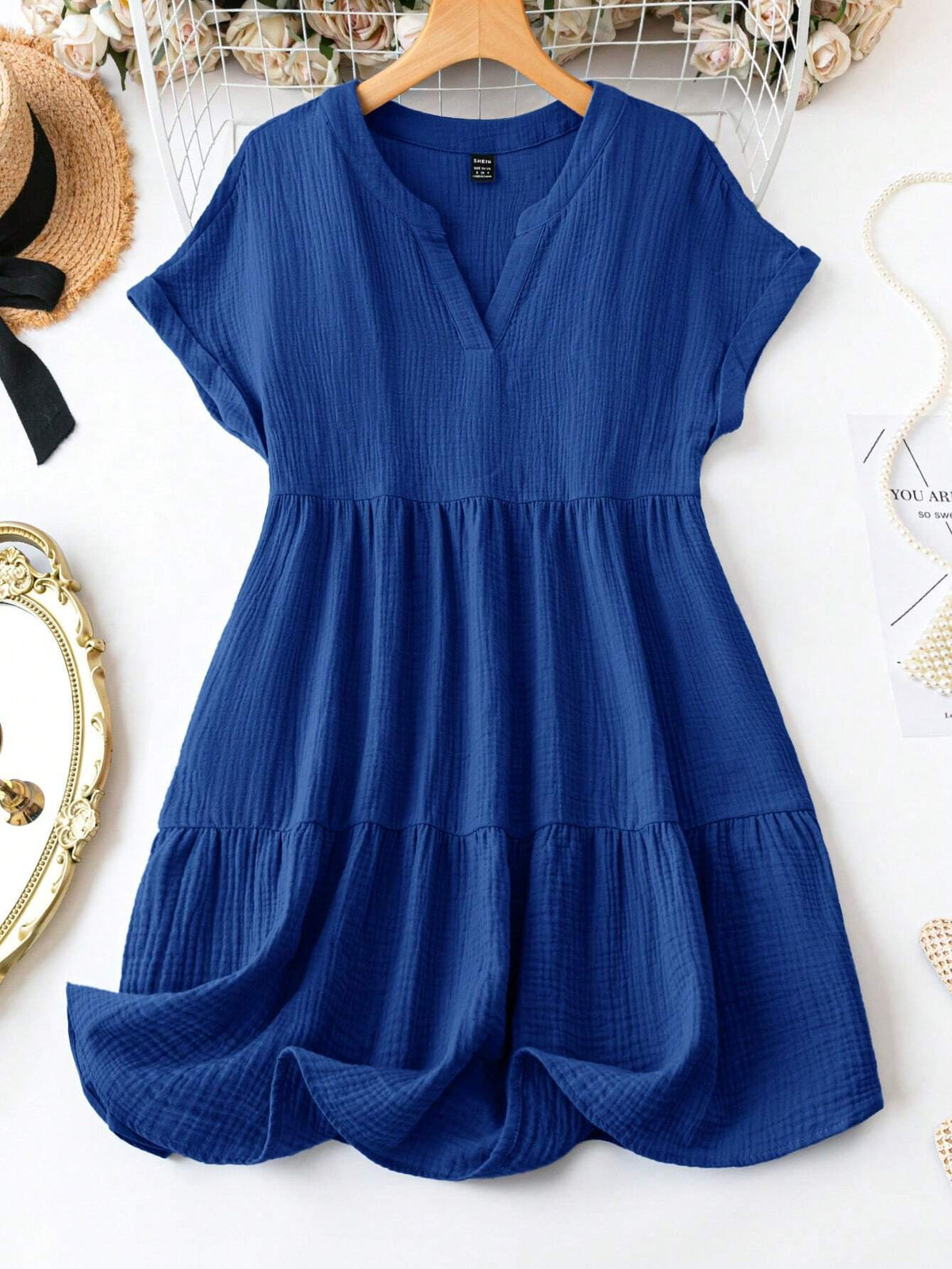 Women's Solid Color V-Neck Ruffle Hem Short Sleeve Dress