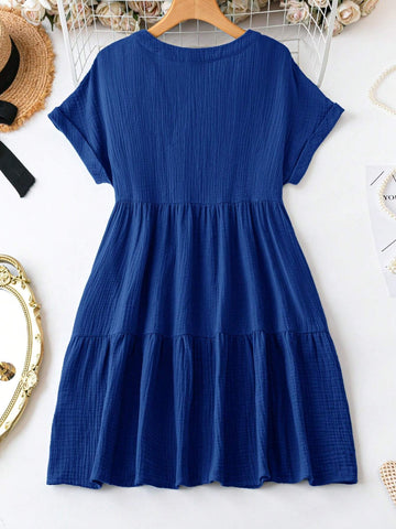 Women's Solid Color V-Neck Ruffle Hem Short Sleeve Dress