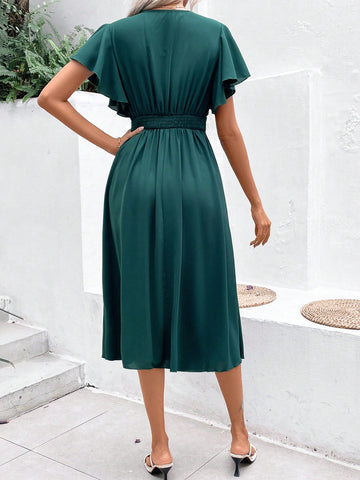 Women's Solid Color V-Neck Short Flutter Sleeve Dress