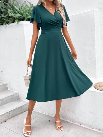 Women's Solid Color V-Neck Short Flutter Sleeve Dress