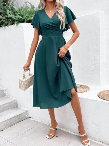 Women's Solid Color V-Neck Short Flutter Sleeve Dress