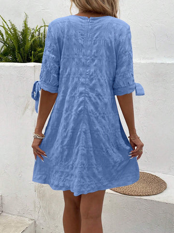 Women's Solid Color V-Neck Short Sleeve Loose Straight Casual Dress, Summer
