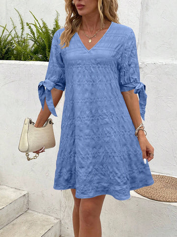 Women's Solid Color V-Neck Short Sleeve Loose Straight Casual Dress, Summer