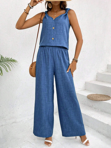 Women's Solid Color V-Neck Sleeveless Top And Pants Casual Summer Two-Piece Set