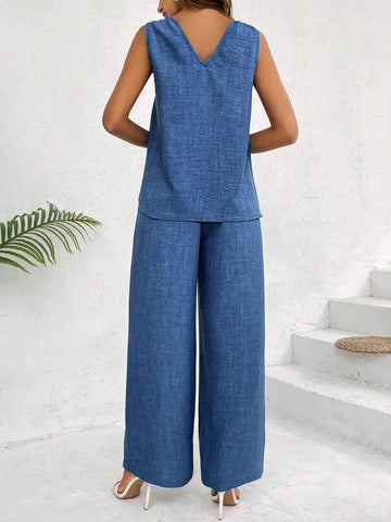 Women's Solid Color V-Neck Sleeveless Top And Pants Casual Summer Two-Piece Set
