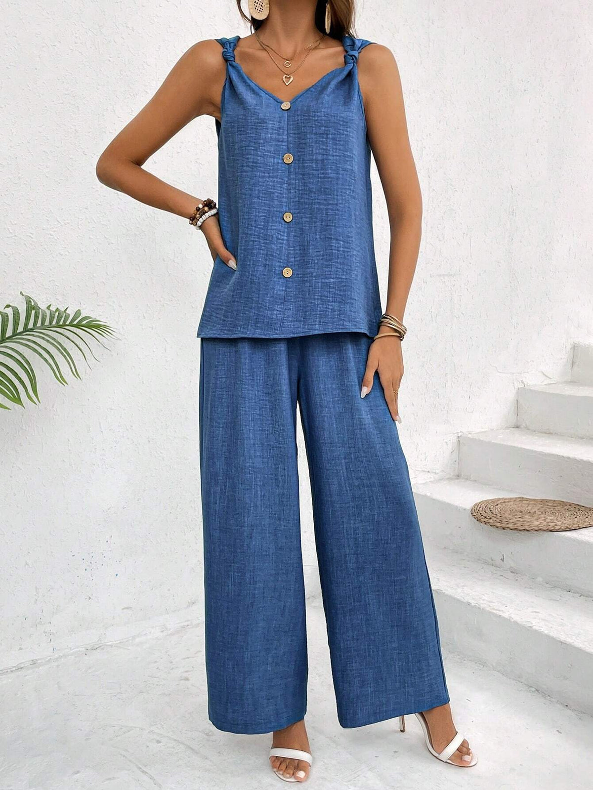 Women's Solid Color V-Neck Sleeveless Top And Pants Casual Summer Two-Piece Set