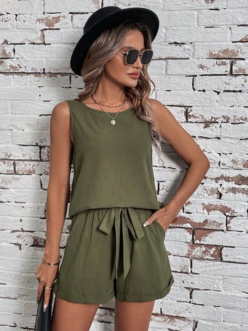 Women's Solid Color Vest And Tie-dye Shorts 2 Piece Set
