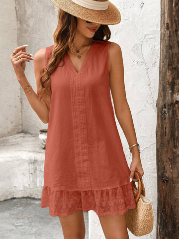 Women's Solid Color White Lace Embroidered Collar And Hem Casual Dress
