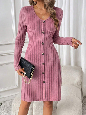 Women's Solid V-Neck Button Front Long Sleeve Mini Dress