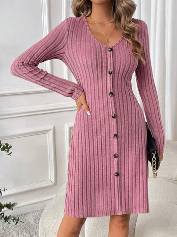 Women's Solid V-Neck Button Front Long Sleeve Mini Dress