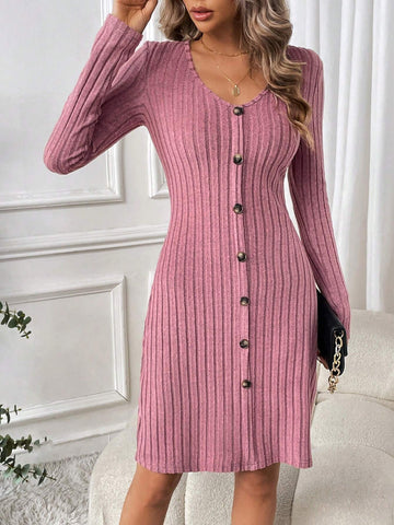 Women's Solid V-Neck Button Front Long Sleeve Mini Dress