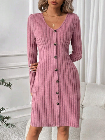 Women's Solid V-Neck Button Front Long Sleeve Mini Dress