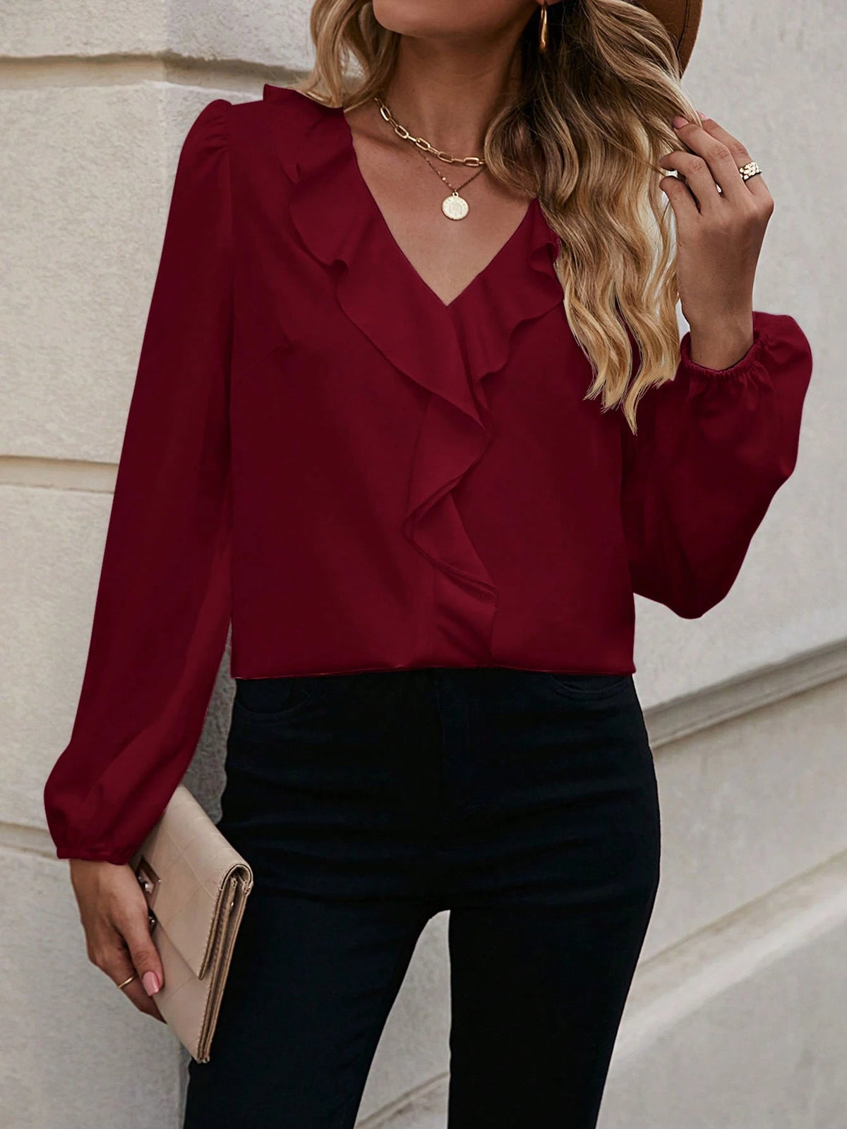 LUNE Women's Solid V-Neck Long Sleeve Casual Blouse,