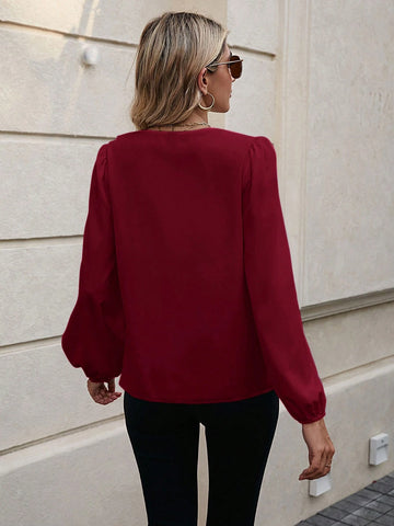 LUNE Women's Solid V-Neck Long Sleeve Casual Blouse,