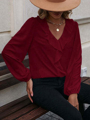 LUNE Women's Solid V-Neck Long Sleeve Casual Blouse,