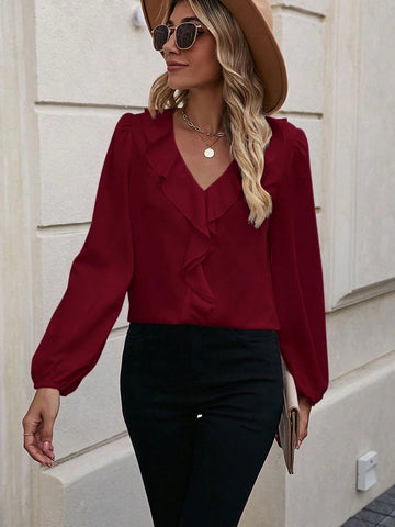 LUNE Women's Solid V-Neck Long Sleeve Casual Blouse,