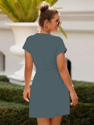 Women''s Solid V-Neck Single-Breasted Short Sleeve Casual Dress, Summer