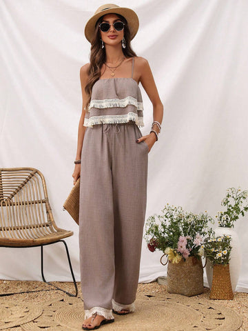 Women's Splice Fringe Strap Tank Top And Pants Two Piece Set