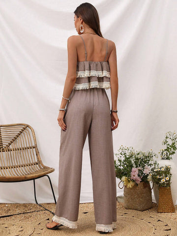 Women's Splice Fringe Strap Tank Top And Pants Two Piece Set