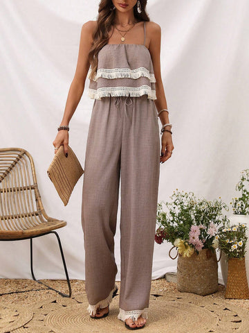 Women's Splice Fringe Strap Tank Top And Pants Two Piece Set