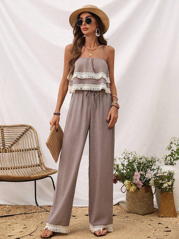 Women's Splice Fringe Strap Tank Top And Pants Two Piece Set