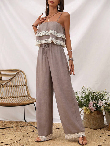 Women's Splice Fringe Strap Tank Top And Pants Two Piece Set