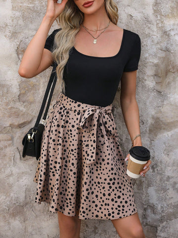 Women's Spotted Print Patchwork Jumpsuit With Tie Waist