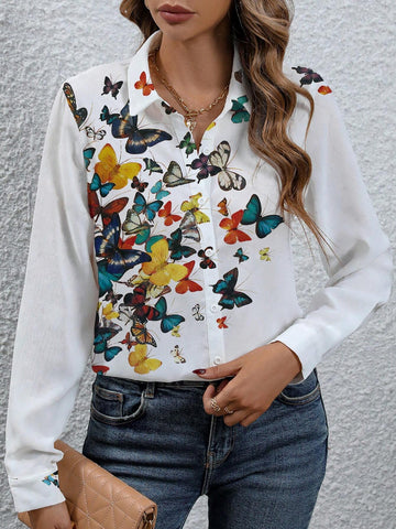 LUNE Women's Spring/Autumn Butterfly Print Long Sleeve Casual Blouse