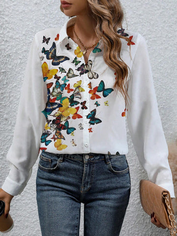 LUNE Women's Spring/Autumn Butterfly Print Long Sleeve Casual Blouse