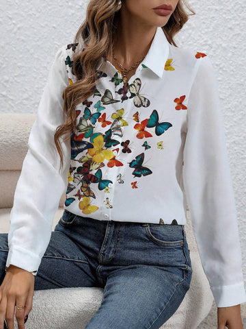 LUNE Women's Spring/Autumn Butterfly Print Long Sleeve Casual Blouse