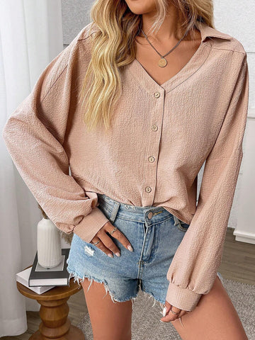 LUNE Women's Spring/Autumn V-Neck Button Long Sleeve Casual Shirt