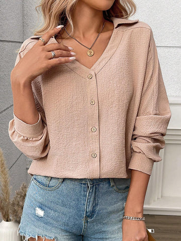 LUNE Women's Spring/Autumn V-Neck Button Long Sleeve Casual Shirt
