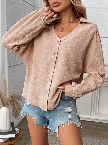 LUNE Women's Spring/Autumn V-Neck Button Long Sleeve Casual Shirt