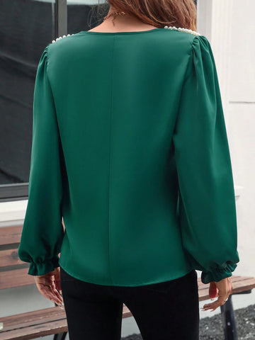 LUNE Women's Spring/Autumn V-Neck Puff Sleeve Shirt With Pearl Decor