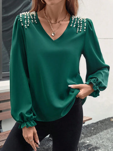 LUNE Women's Spring/Autumn V-Neck Puff Sleeve Shirt With Pearl Decor