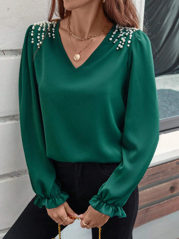 LUNE Women's Spring/Autumn V-Neck Puff Sleeve Shirt With Pearl Decor