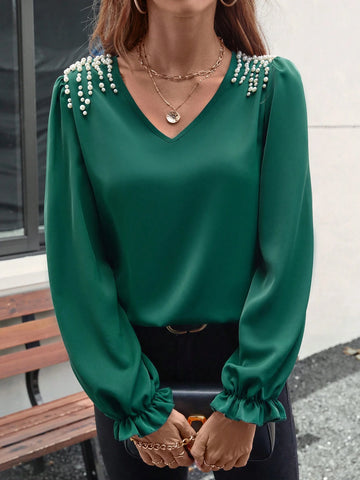 LUNE Women's Spring/Autumn V-Neck Puff Sleeve Shirt With Pearl Decor