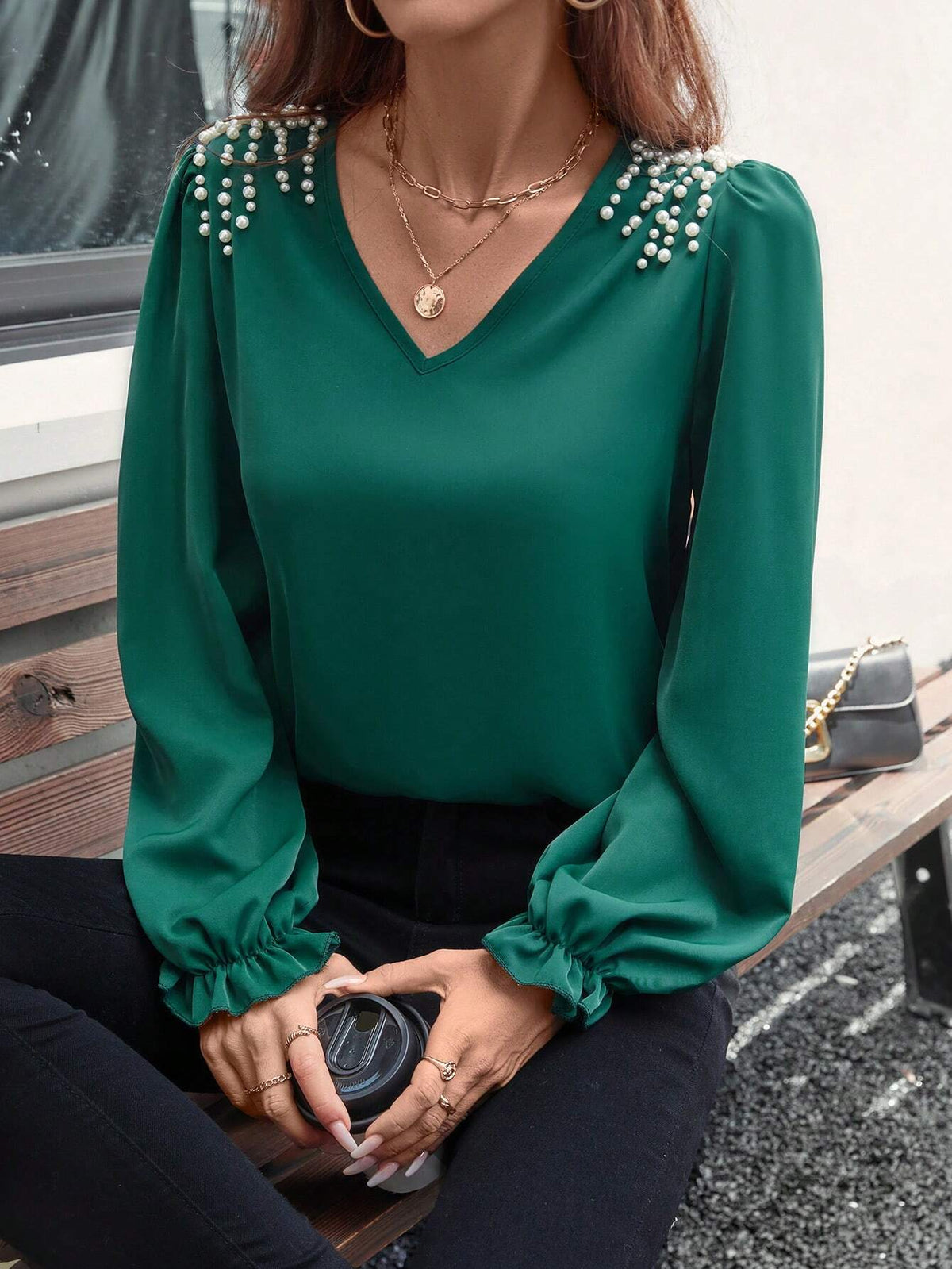 LUNE Women's Spring/Autumn V-Neck Puff Sleeve Shirt With Pearl Decor