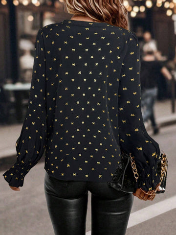 LUNE Women's Spring/Fall V-Neck Long Sleeve Elegant Blouse With Foil Butterfly Print