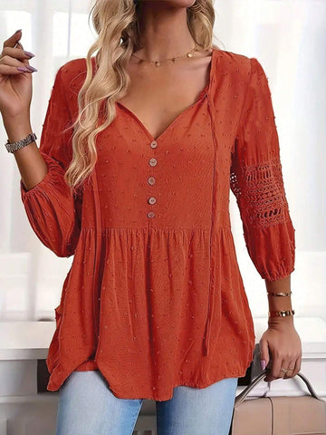 LUNE Women's Spring/Summer Casual Floral Cutout Pom Pom Contrast Lace Shirt