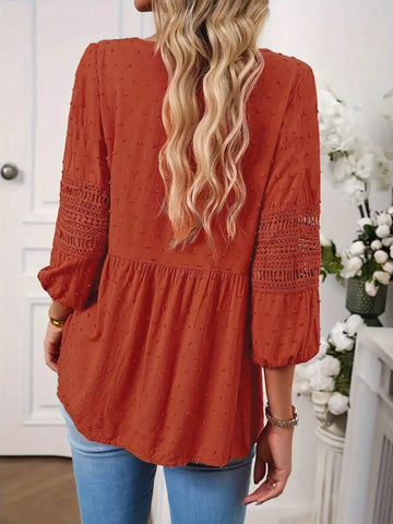 LUNE Women's Spring/Summer Casual Floral Cutout Pom Pom Contrast Lace Shirt