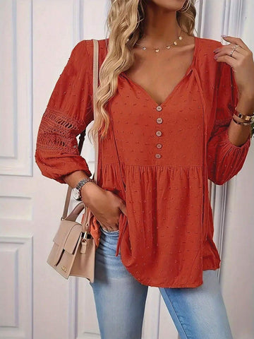 LUNE Women's Spring/Summer Casual Floral Cutout Pom Pom Contrast Lace Shirt