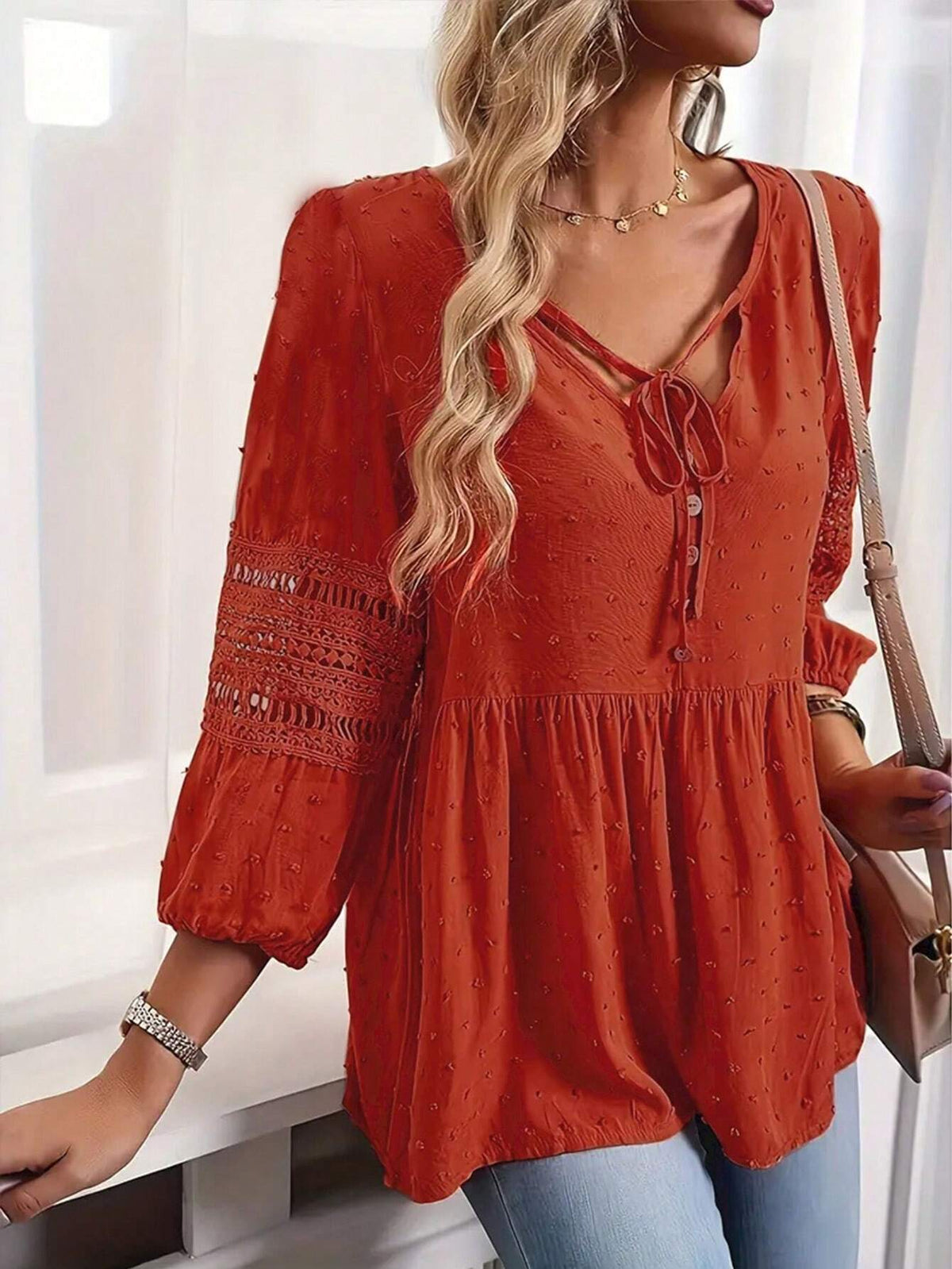 LUNE Women's Spring/Summer Casual Floral Cutout Pom Pom Contrast Lace Shirt