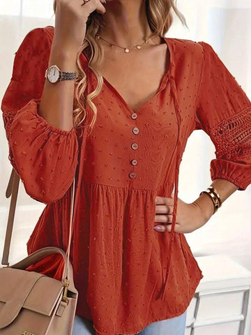 LUNE Women's Spring/Summer Casual Floral Cutout Pom Pom Contrast Lace Shirt