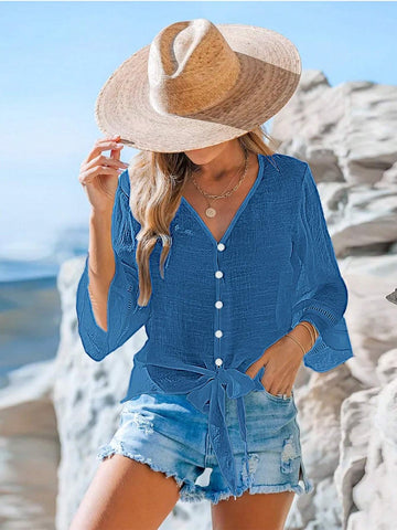 LUNE Women's Spring/Summer Casual Solid Color Flare Sleeve Tie Front Shirt